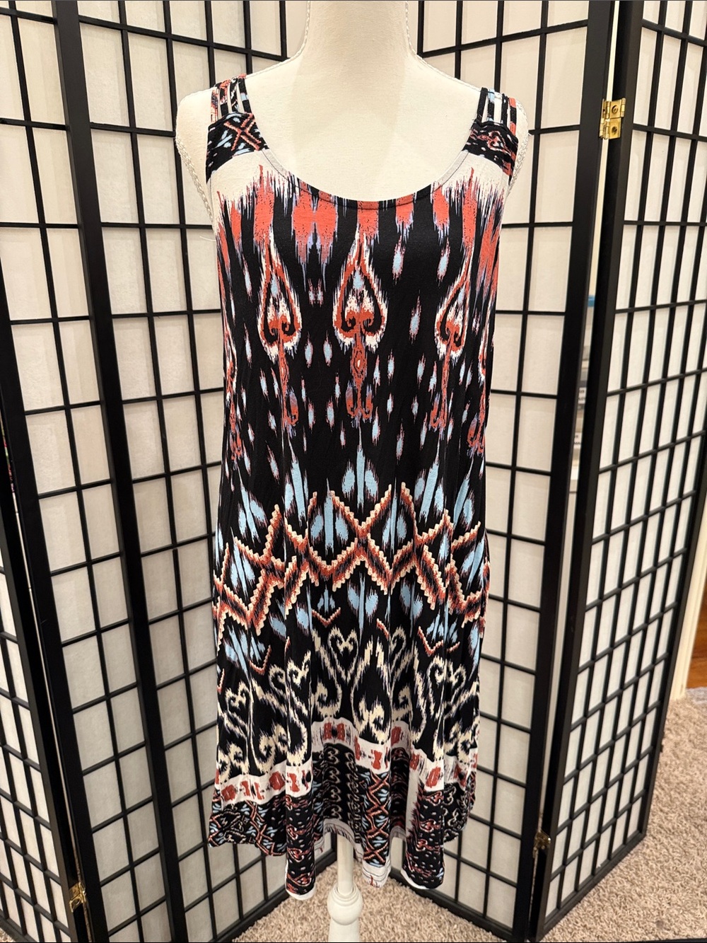 Sleeveless Tribal-Print Swing Dress in Black, Coral & Light Blue
